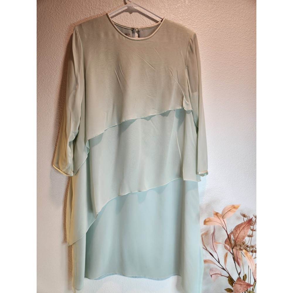 Kay Unger Evening 100% Silk wedding Layered Dress 16 Mint‎ Green Long Sleeve